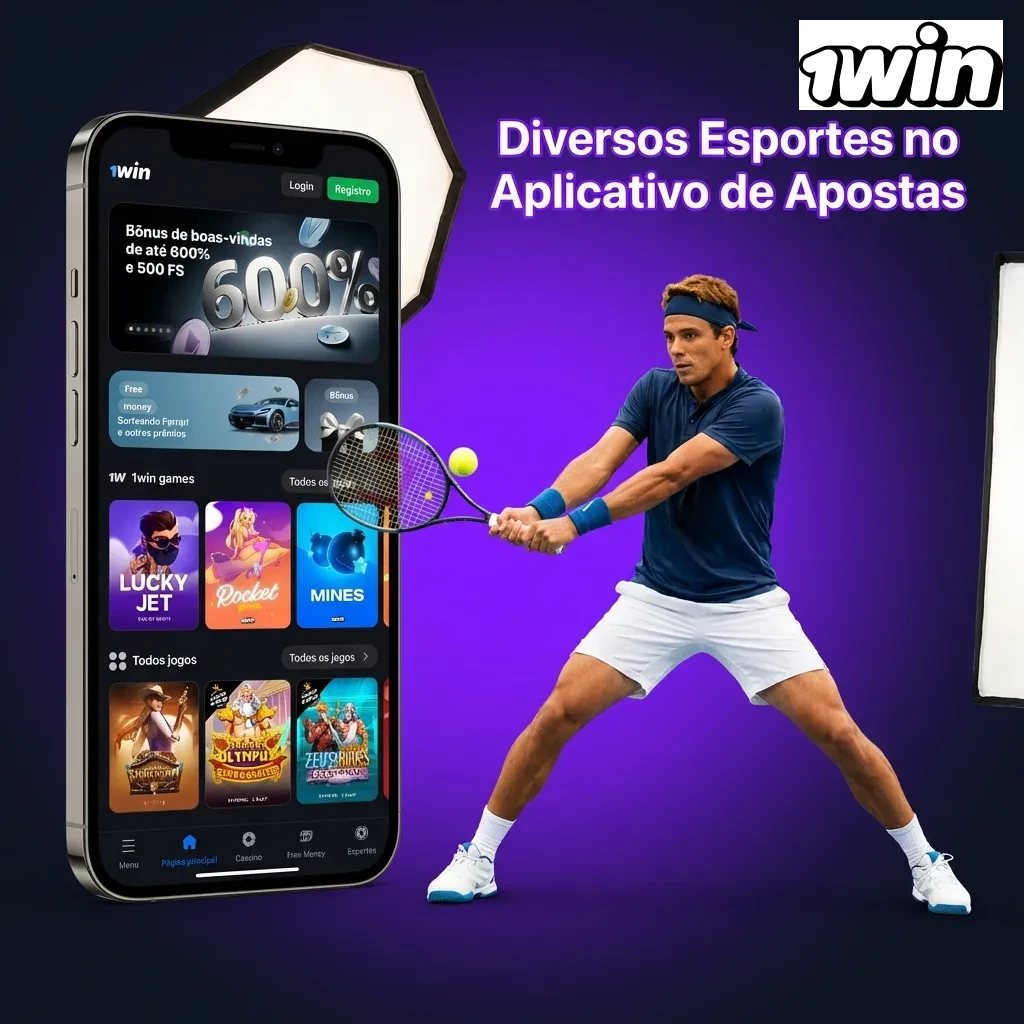 Tela de aplicativo de apostas mostrando múltiplas opções esportivas incluindo futebol, basquete, eSports e mais